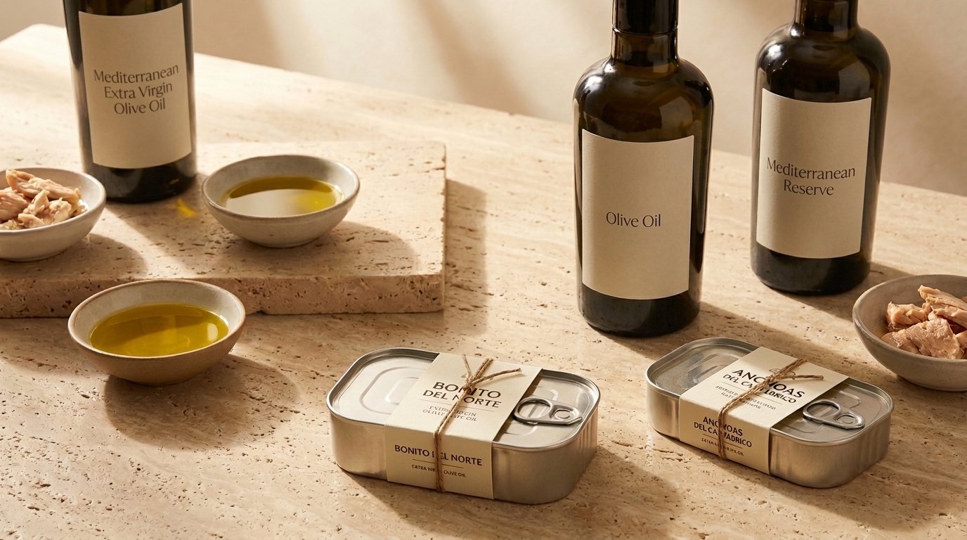 Spanish extra virgin olive oil in dark glass bottles beside tins of Bonito del Norte and Cantabrian anchovies on warm travertine stone